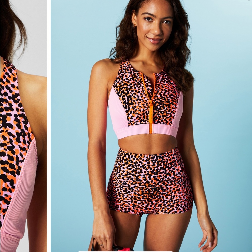 Fabletics Pink and Orange Leopard Print Set
